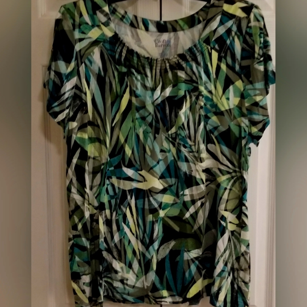🌴 2/$20 - Croft & Barrow Short SL Smock Neck Leaf Print Top- Blue/Green -XL-NEW